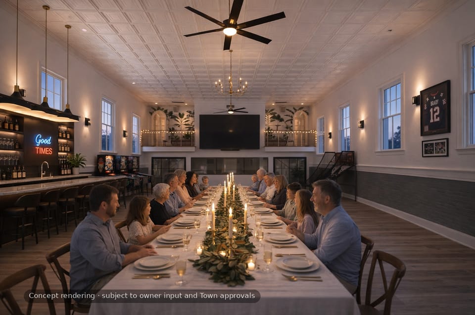 Concept rendering: the ballroom set for a holiday dinner, with one long table for 24 under string lights